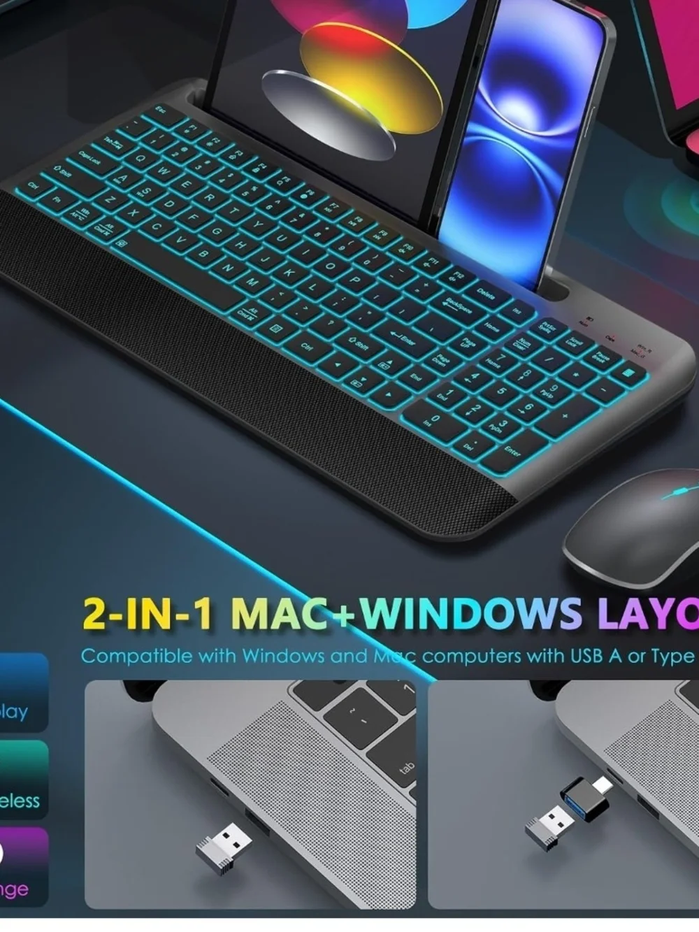 JOYACCESS RGB Wireless Keyboard Mouse Combo Silent Rechargeable USB-C Gray